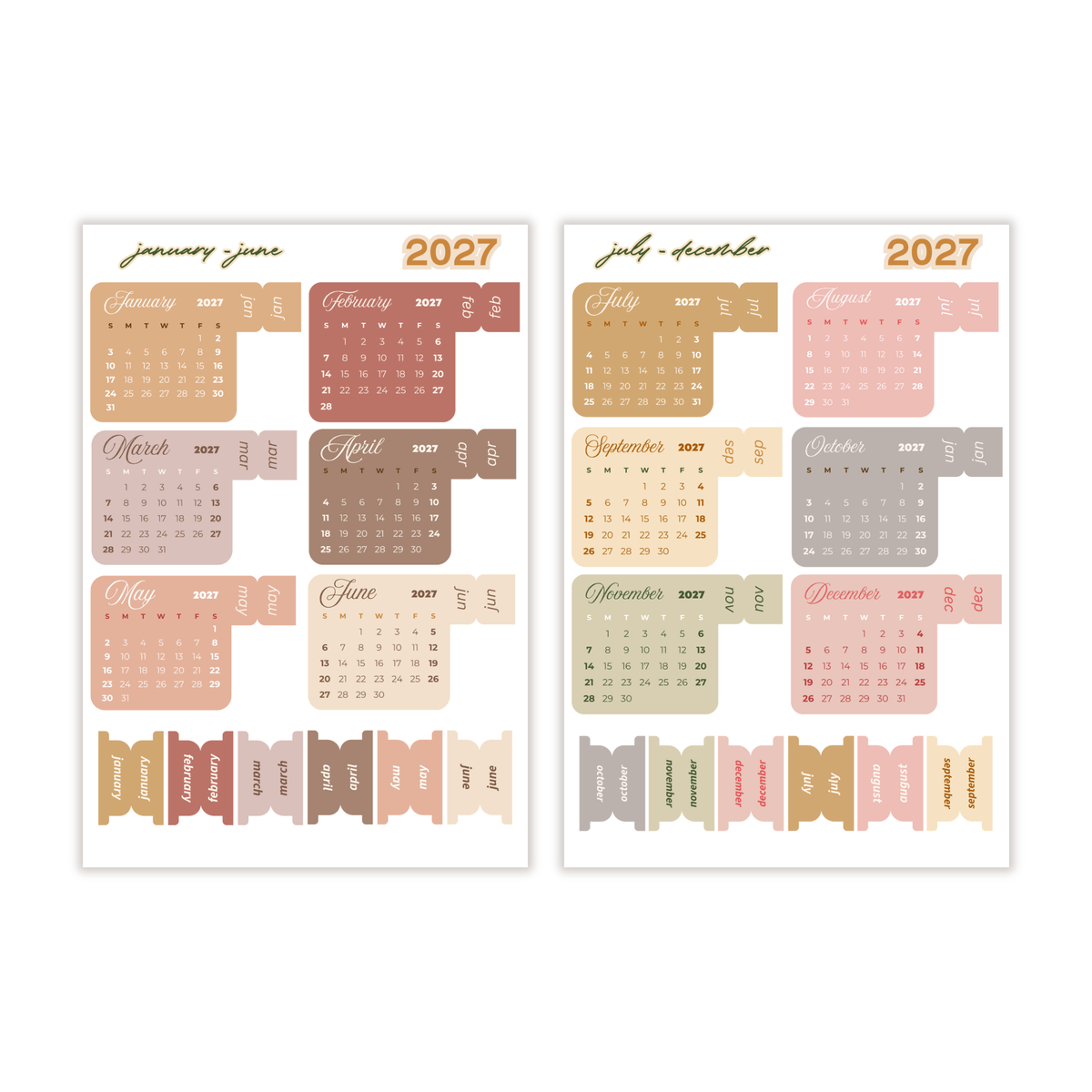 2026 Mini Full Calendar Stickers w/ Tabs